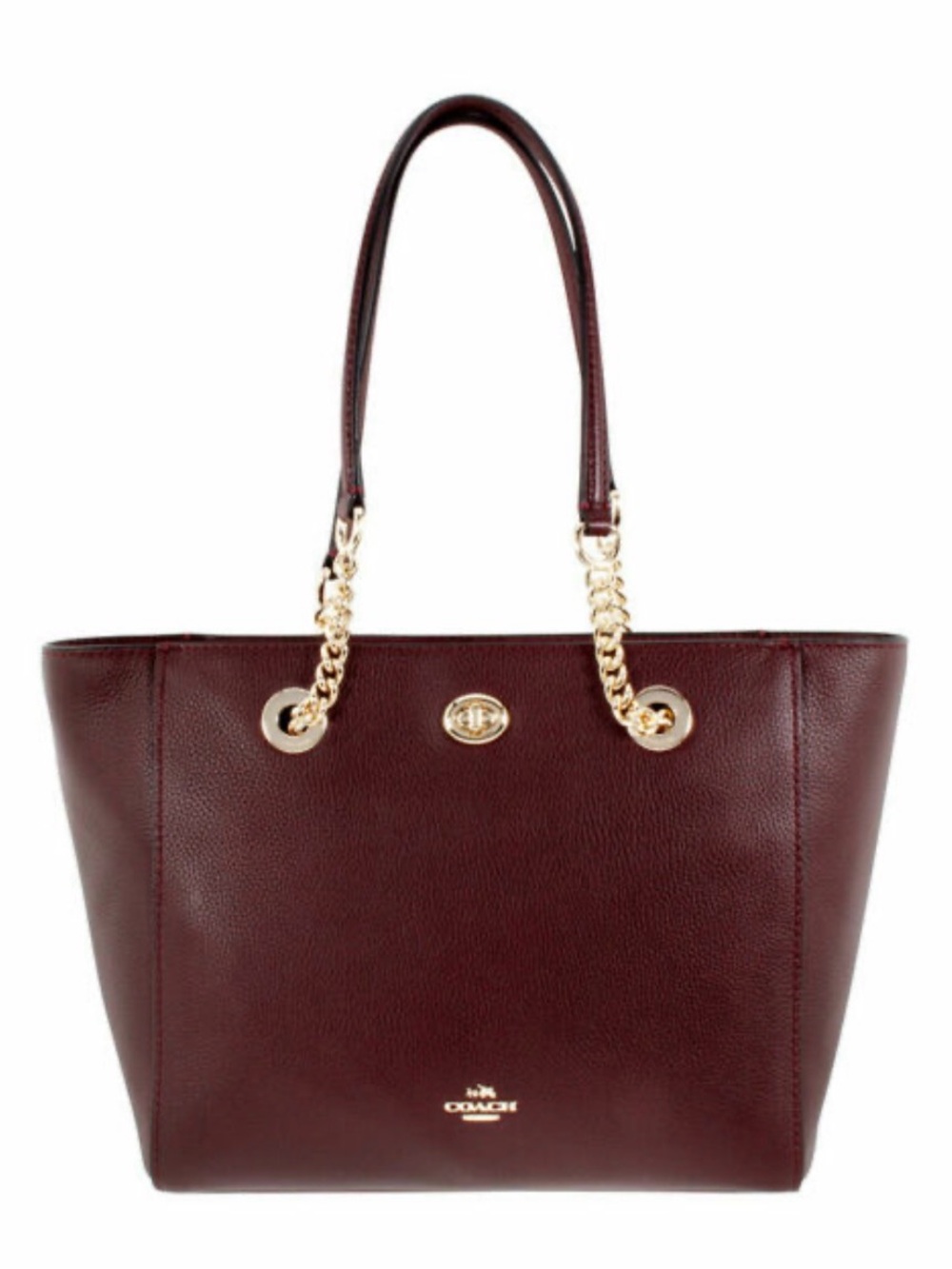 Coach Turnlock Chain Tote Pebbled Leather Oxblood